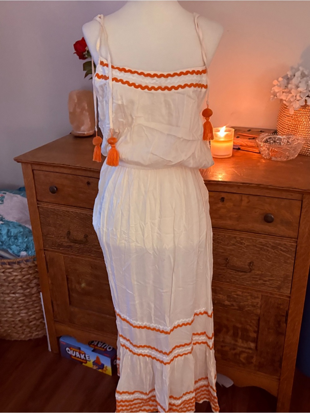 Blue Island Small Cream Maxi Dress with Orange Trim and Tassels